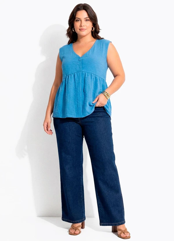 Quintess - Calça Wide Leg Jeans Azul Escuro em Jeans 11