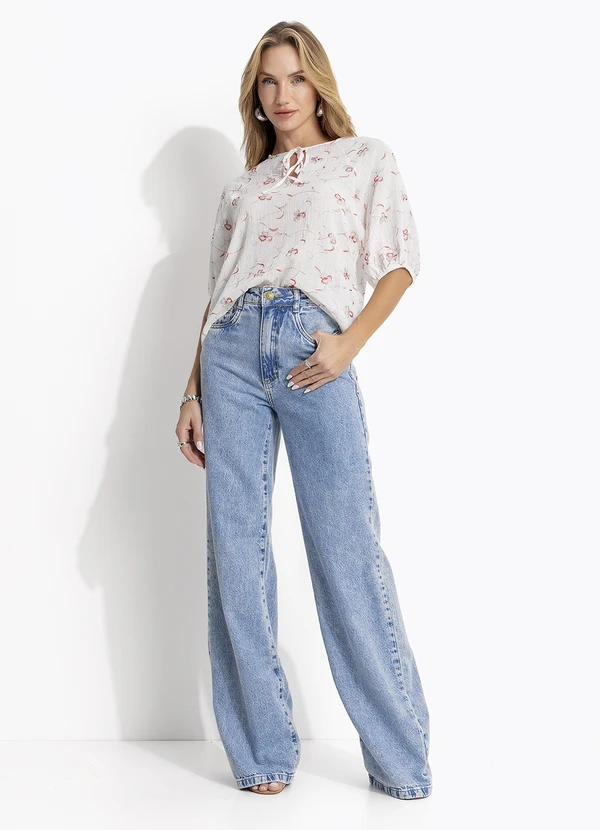 Quintess - Calça Wide Leg Jeans Claro em Jeans 11