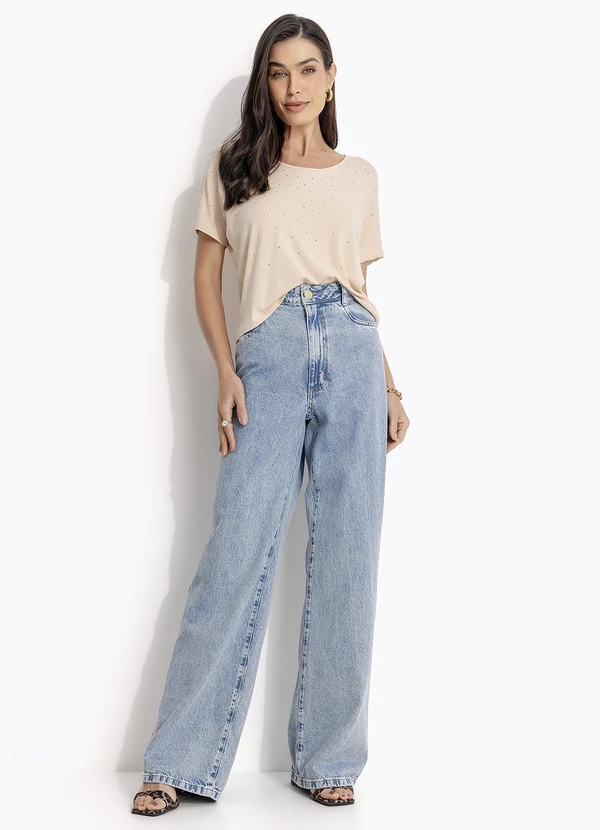 Quintess - Calça Wide Leg Jeans Claro em Jeans 12