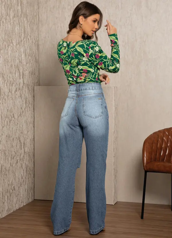 Quintess - Calça Wide Leg Jeans com Rasgos no Joelho 3