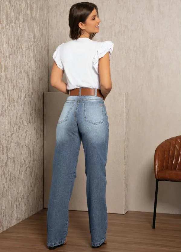 Quintess - Calça Wide Leg Jeans com Rasgos no Joelho 2