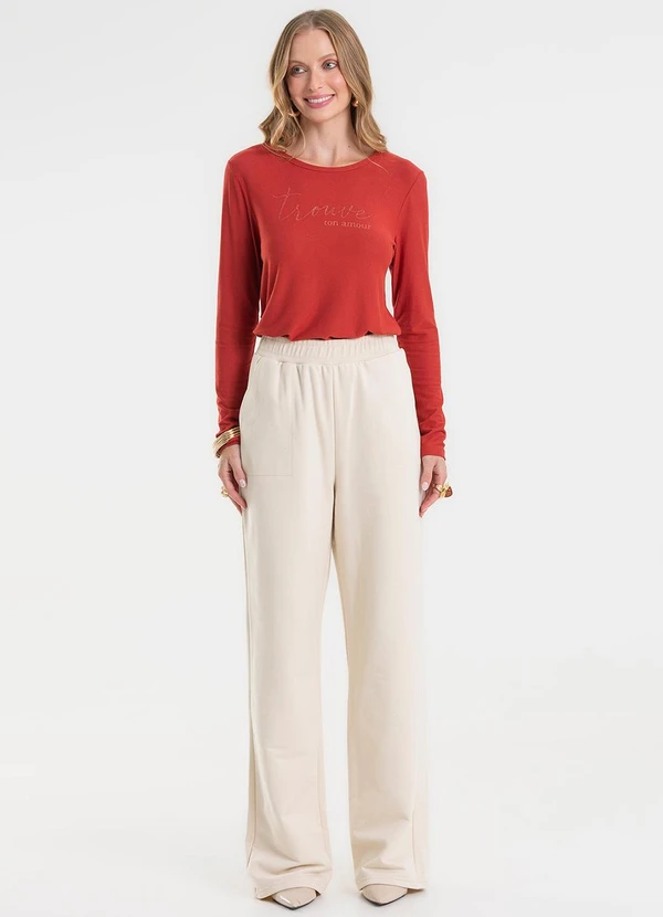 Rovitex - Calça Wide Leg Moletom Peluciado Básico Bege 3