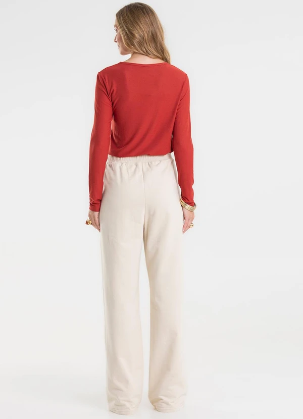 Rovitex - Calça Wide Leg Moletom Peluciado Básico Bege 4