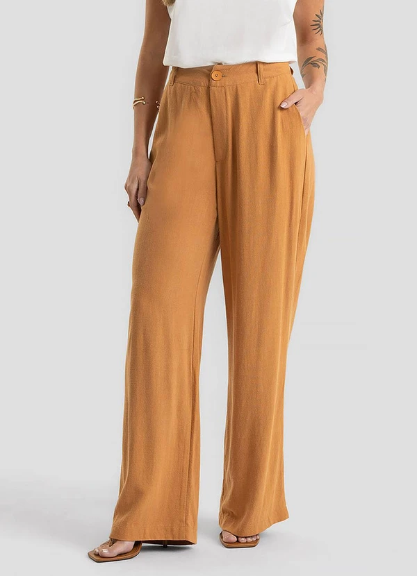 Dianna - Calça Wide Leg Tecido Linho Strong Marrom