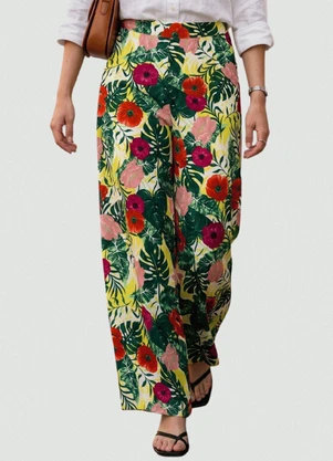 Yends Fashion - Calça Wide Leg Viscose Fem  Flores Amarelo - YENDS FASHION