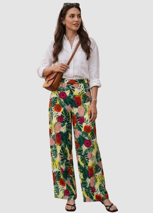 Yends Fashion - Calça Wide Leg Viscose Fem  Flores Amarelo - YENDS FASHION
