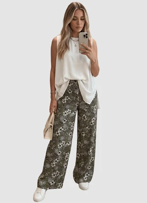 Yends Fashion - Calça Wide Leg Viscose Fem  Frutas Verde - YENDS FASHION