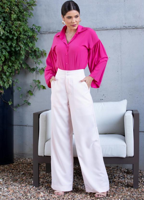 Quintess - Pantalona Rosa Claro em Tecido Plano com Bolsos 2