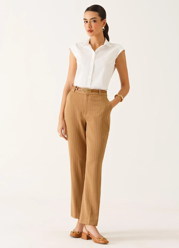 Principessa - Calça Alfaiataria Reta Regular em Viscose Listrada Camel Tatiele 7
