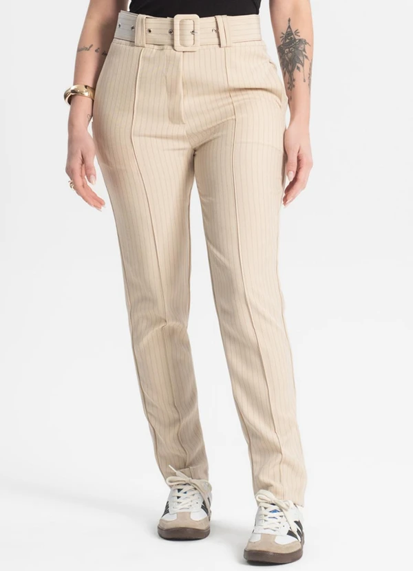 Select - Calça Alfaiataria Listrada com Cinto Bege 1