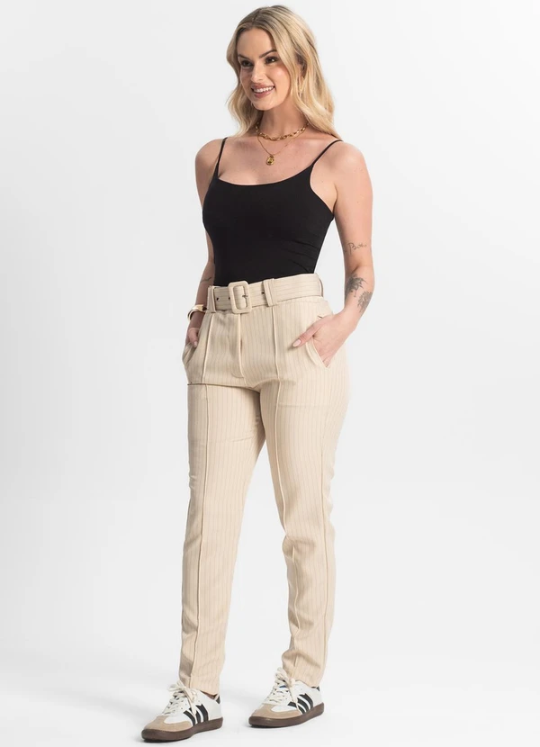 Select - Calça Alfaiataria Listrada com Cinto Bege 3