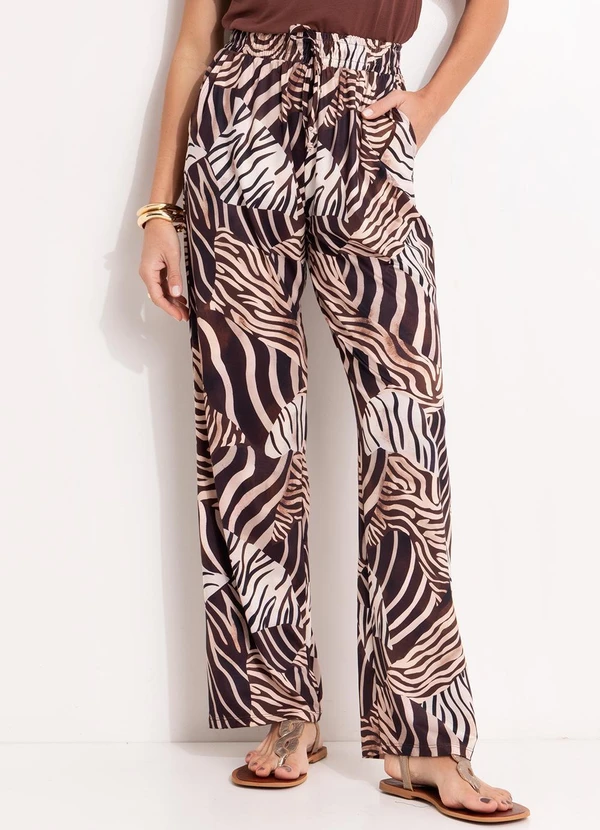 Quintess - Calça Reta Animal Print em Malha Fria com Elástico na Cintura