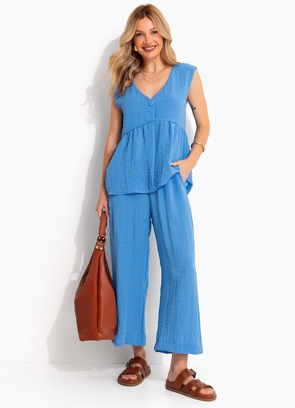 Quintess - Calça Azul Tecido em Gaze