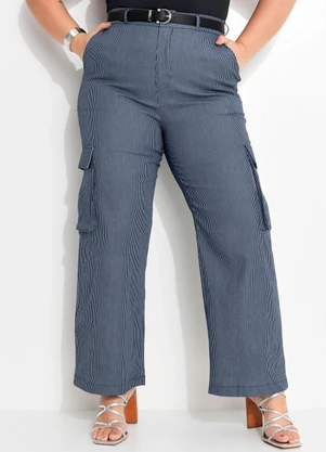 Quintess - Calça Cargo Listrado Azul em Sarja - QUINTESS