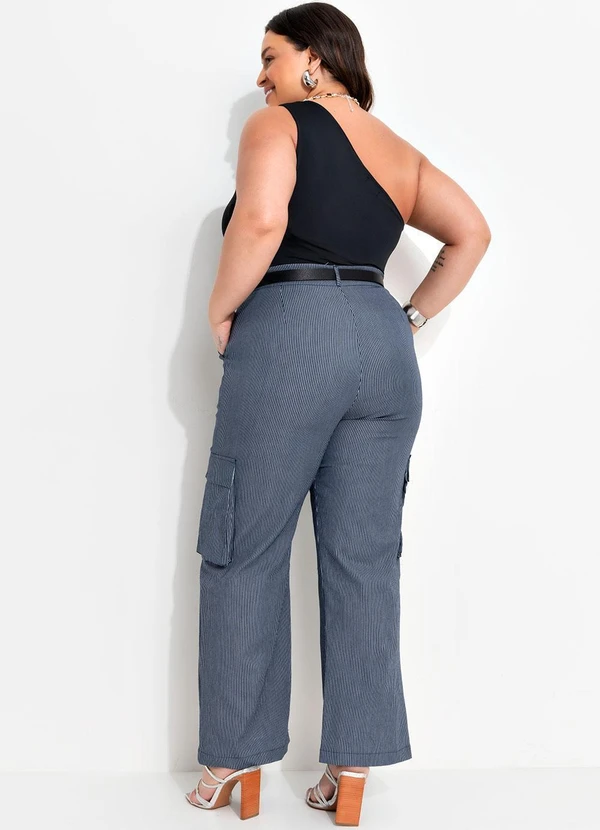 Quintess - Calça Cargo Listrado Azul em Sarja 11