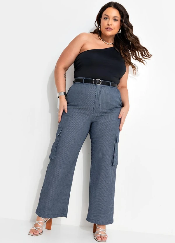 Quintess - Calça Cargo Listrado Azul em Sarja 12