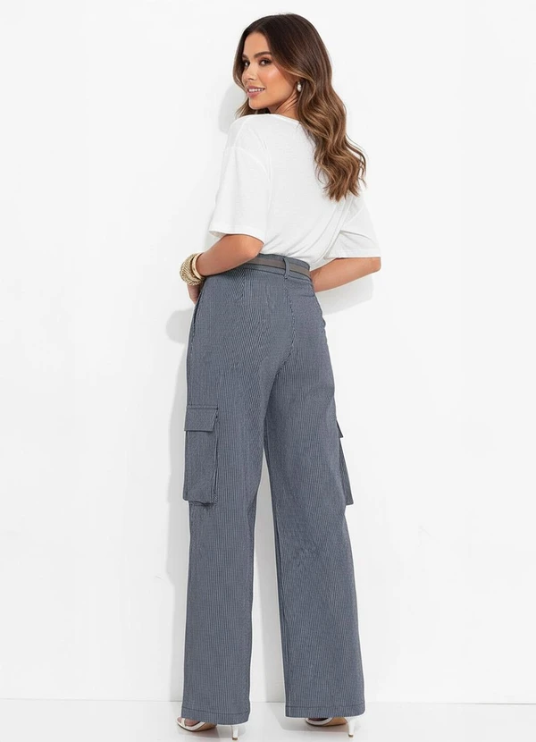 Quintess - Calça Cargo Listrado Azul em Sarja 2