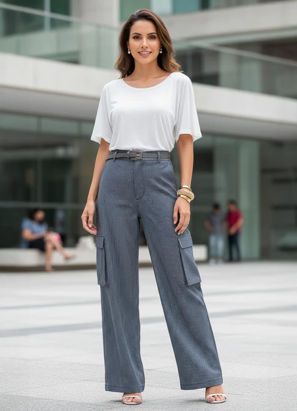 Quintess - Calça Cargo Listrado Azul em Sarja 3