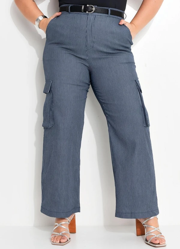 Quintess - Calça Cargo Listrado Azul em Sarja 8