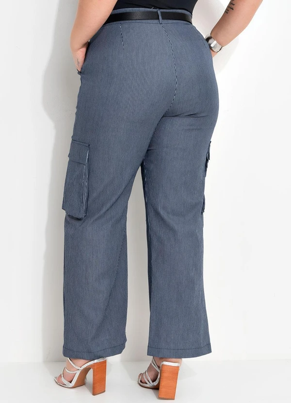 Quintess - Calça Cargo Listrado Azul em Sarja 9