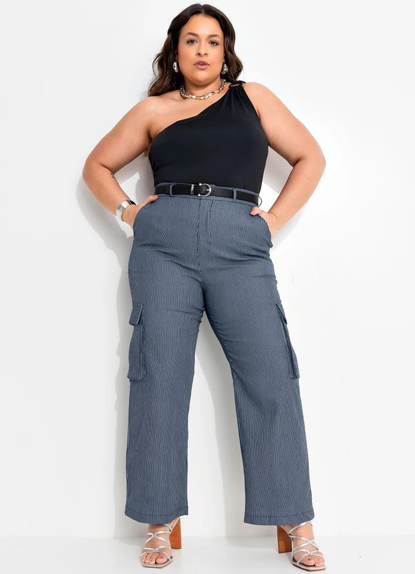 Quintess - Calça Cargo Listrado Azul em Sarja 10