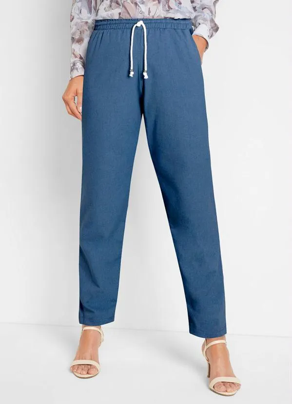 bonprix - Calça com Amarração Azul Marinho