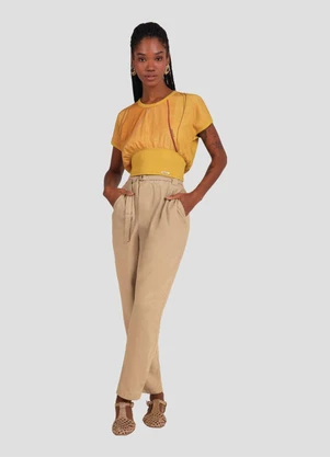 Cereja Rosa - Calça Feminina em Viscose Linho com Cinto Bege - CEREJA ROSA