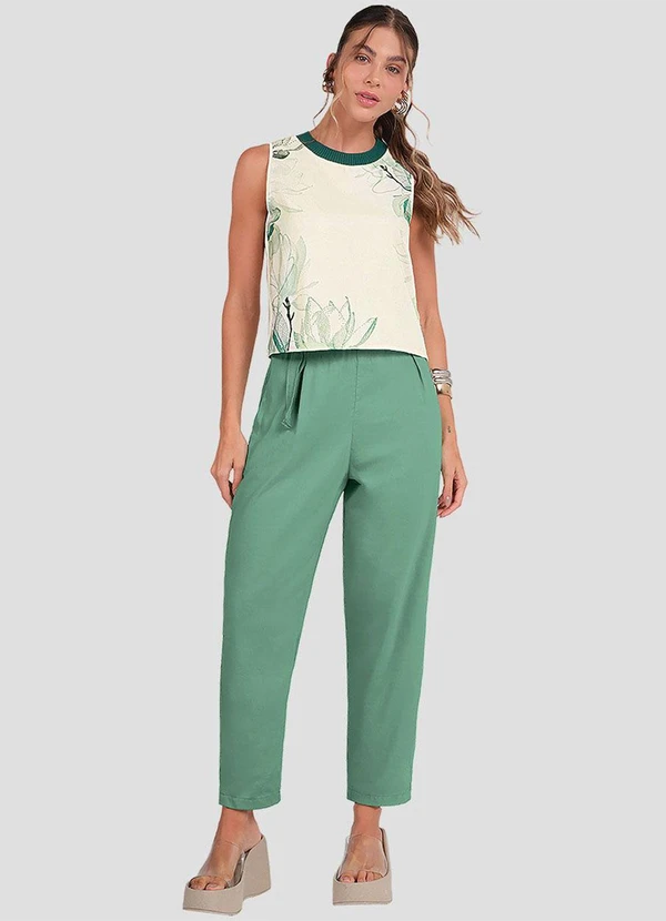 Cereja Rosa - Calça Feminina em Viscose Linho com Cinto Verde