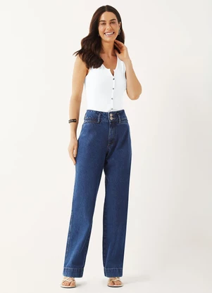Marialícia - Calça Feminina Jeans Reta Botão Duplo Azul - MARIALÍCIA