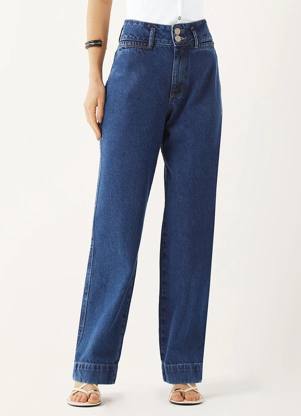 Marialícia - Calça Feminina Jeans Reta Botão Duplo Azul