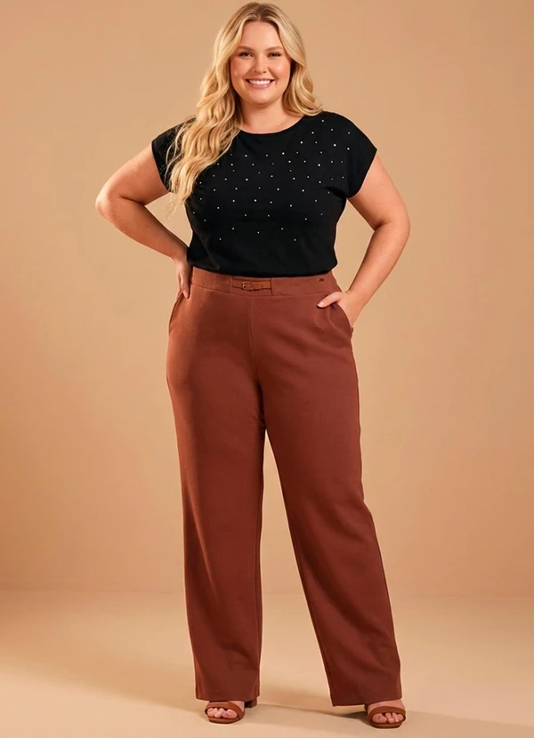 Marialícia - Calça Feminina Reta com Fivela Marrom 2