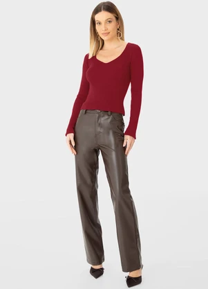 Enfim - Calça Feminina Reta em Corino Marrom - ENFIM