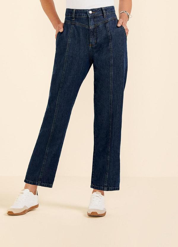 Marialícia - Calça Feminina Reta Jeans Recortes Azul