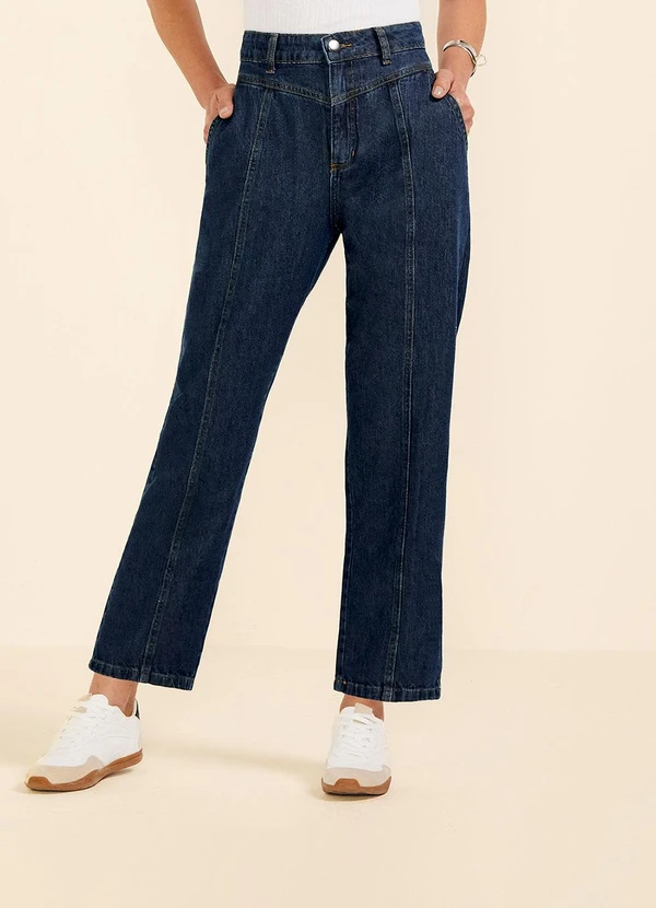 Marialícia - Calça Feminina Reta Jeans Recortes Azul