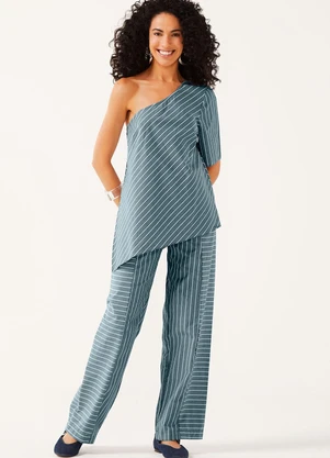 Marialícia - Calça Feminina Tricoline Listrada Azul - MARIALÍCIA