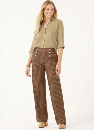 Marialícia - Calça Feminina Tricoline Listrada Marrom - MARIALÍCIA