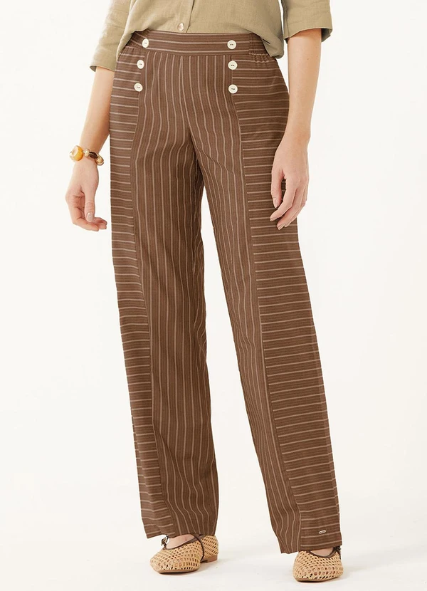 Marialícia - Calça Feminina Tricoline Listrada Marrom