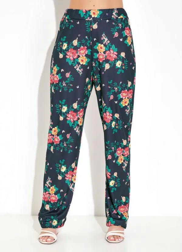 Moda Pop - Calça Floral Preto com Cintura Alta