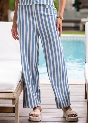 Quintess - Calça Listrado Azul em Moletinho Eco Listrado - QUINTESS