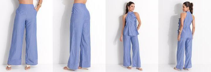 Cal�a Listrado Azul em Poli�ster com Viscose