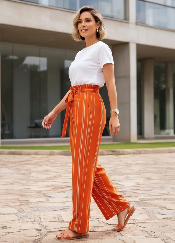 Quintess - Calça Listrado Telha em Linho 4