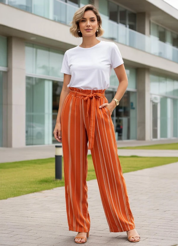 Quintess - Calça Listrado Telha em Linho 3