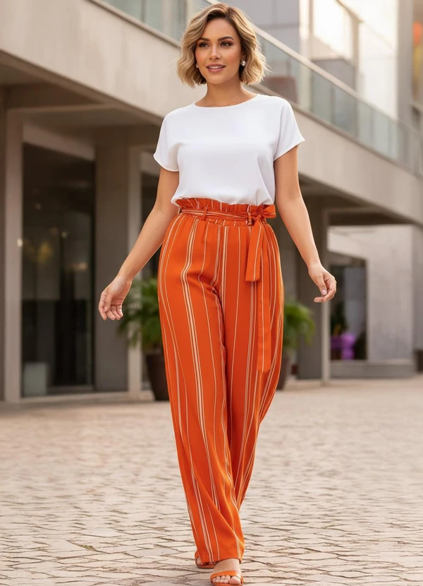 Quintess - Calça Listrado Telha em Linho 2