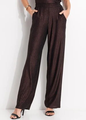 Quintess - Calça Marrom em Malha Canelada com Lurex - QUINTESS