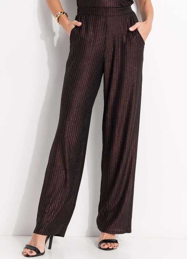 Quintess - Calça Marrom em Malha Canelada com Lurex