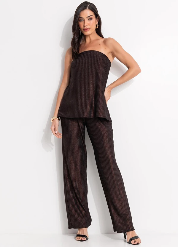 Quintess - Calça Marrom em Malha Canelada com Lurex 6