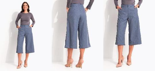 Cal�a Pantacourt Alfaiataria Azul �ndigo com Cintura Alta e Bolsos