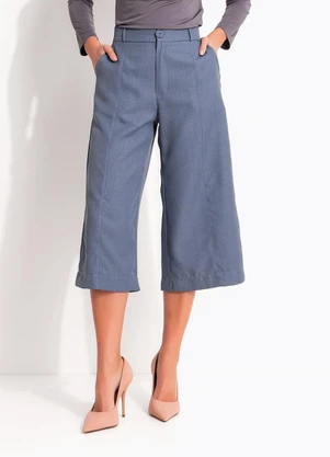 Quintess - Calça Pantacourt Alfaiataria Azul Índigo com Cintura Alta e Bolsos - QUINTESS