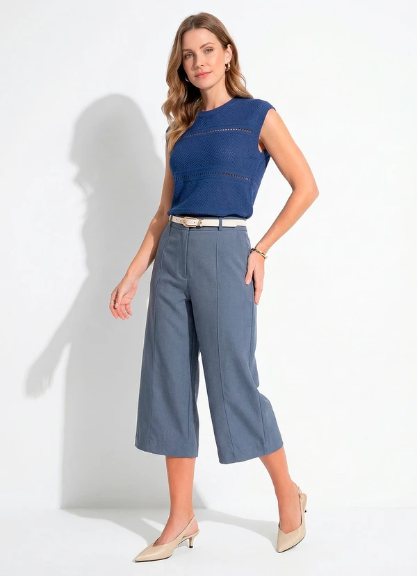 Quintess - Calça Pantacourt Alfaiataria Azul Índigo com Cintura Alta e Bolsos 4