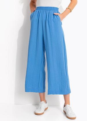 Cal�a Pantacourt Azul em Tecido Gaze com C�s El�stico